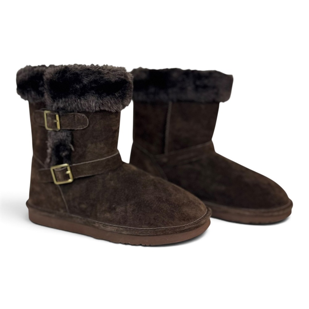 LAMO Cresson Chocolate Brown Suede Boots Faux Fur Trim Womens Size 10
